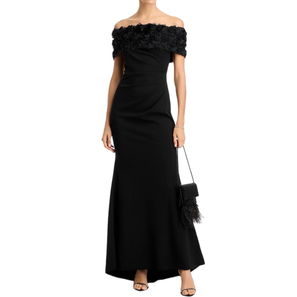 NWT Eliza J Black Off Shoulder Rosette Formal Jersey Knit Gown Size 2 $218 MSRP